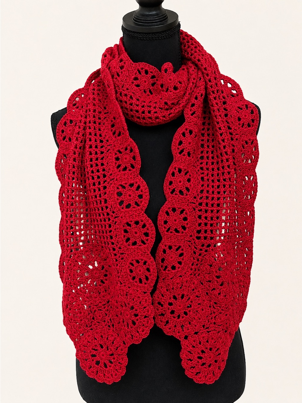 Bloomingdale’s Merino Wool Crochet Scarf Red Floral Lace Boho Wrap